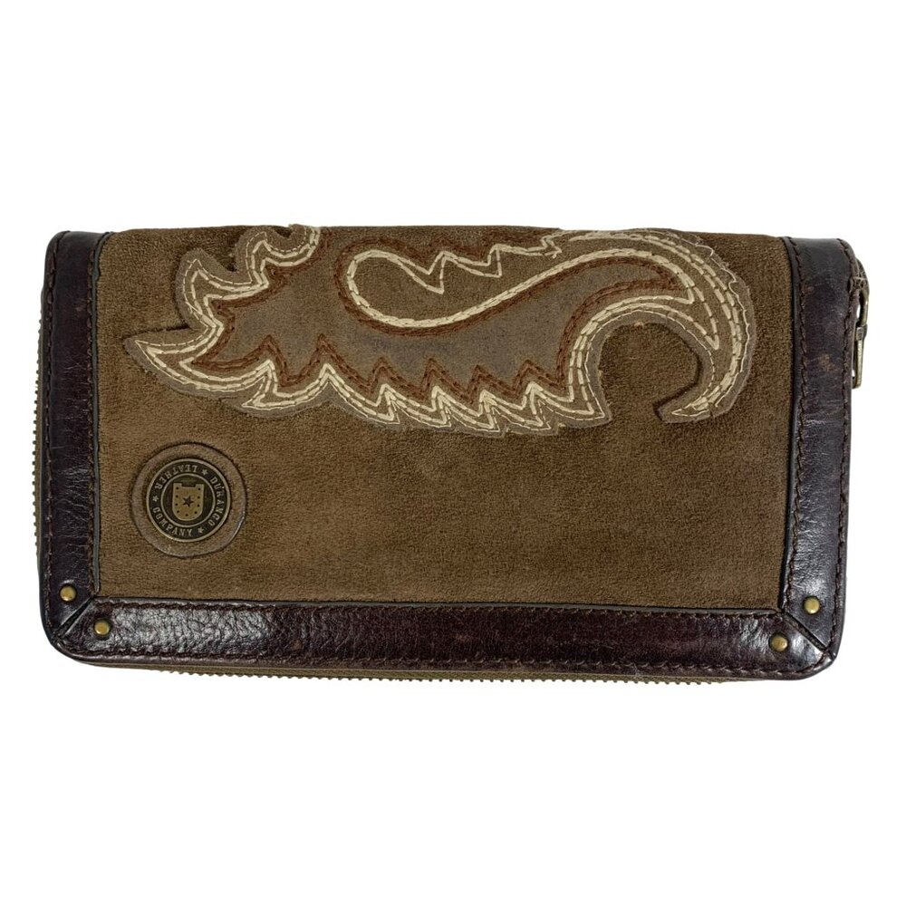 Durango Brown Suede Embroidered Paisley Dark Leather Trim Zip Around Wallet